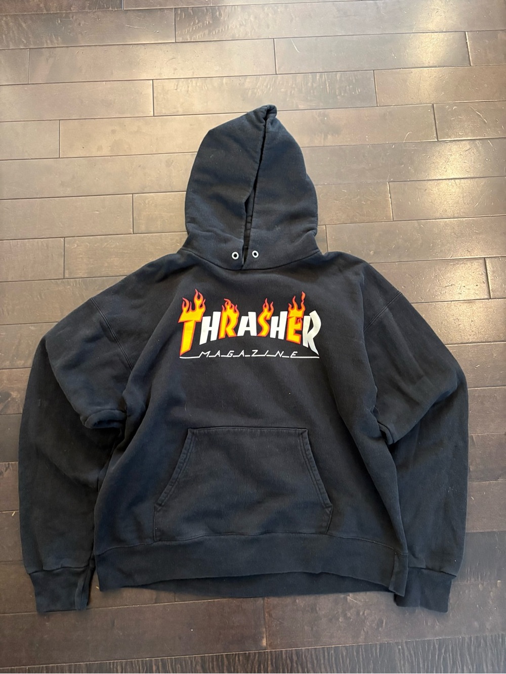 Thrasher Black Hoodie with Yellow & Red Flame Logo